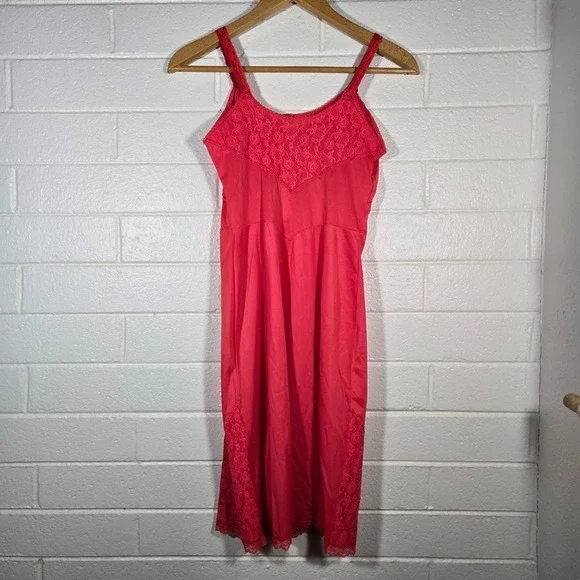 Vtg Tru Maid Red Lace Trim Slip Dress 36 Valentines Romantic Coquette Chemise - Picture 7 of 7